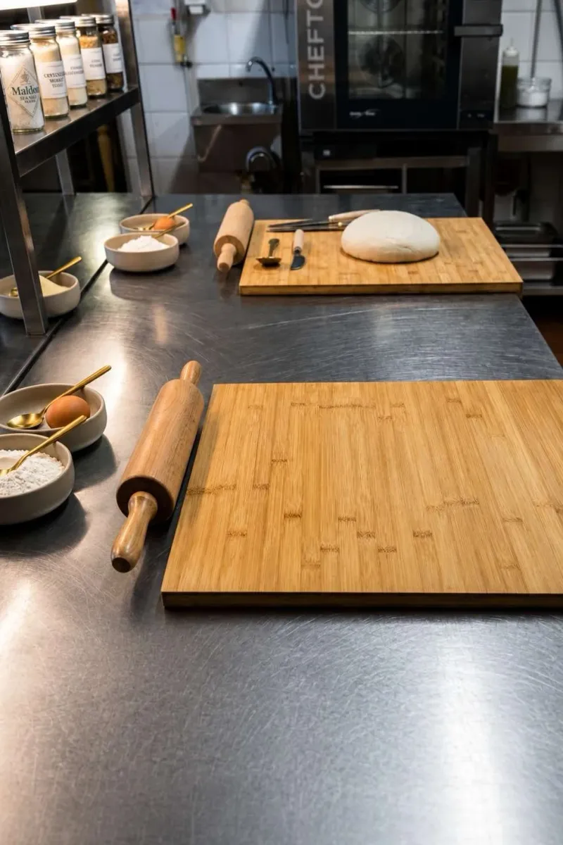 A prepared station in our Florence kitchen: bamboo board, rolling pin and bowls of flour and eggs on the steel counter